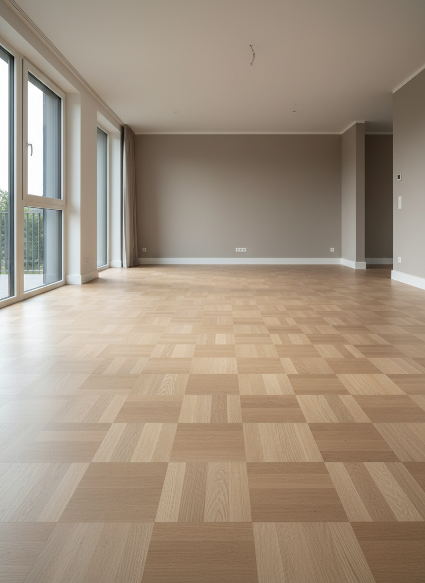 A spacious, modern living room featuring a newly installed, light oak parquet floor with a subtle matte finish, every plank precisely aligned in a classic straight pattern. The clean, warm wood grain stretches from the foreground to the back wall, where minimalist white baseboards and neutral taupe walls frame the scene. Large floor-to-ceiling windows on one side allow soft, natural afternoon light to wash across the surface, creating gentle reflections and elongated, orderly shadows. Shot from a slightly elevated angle with sharp focus throughout, the composition emphasizes the continuity and flawless installation of the flooring. The mood is professional, calm, and inviting, with a photographic realism and a clean, corporate aesthetic suitable for a premium parquet installation business homepage.