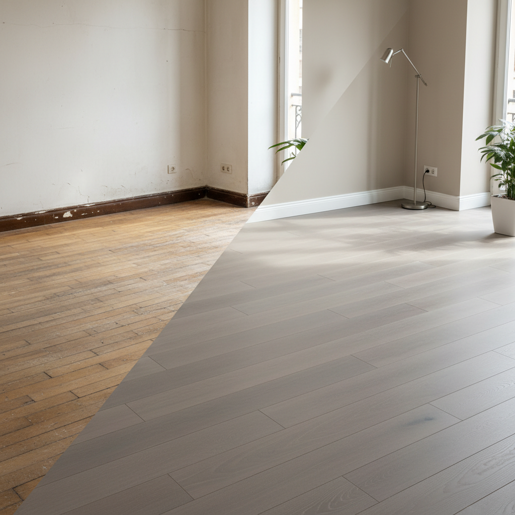 A before-and-after style composition of a residential room in Valencia, divided diagonally. On one side, a dull, worn-out floor; on the other, a newly installed, light grey-toned parquet with a smooth, consistent finish and precise joints. The renovated section features crisp white baseboards and freshly painted neutral walls, illuminated by soft, diffused daylight from an unseen window, creating gentle shadows that enhance the clarity of the transformation. Shot from an elevated corner perspective with sharp focus, the image maintains a clean, structured layout that clearly contrasts the two states. The mood is aspirational and professional, emphasizing the benefits of expert parquet installation and renovation with a polished, photographic realism.