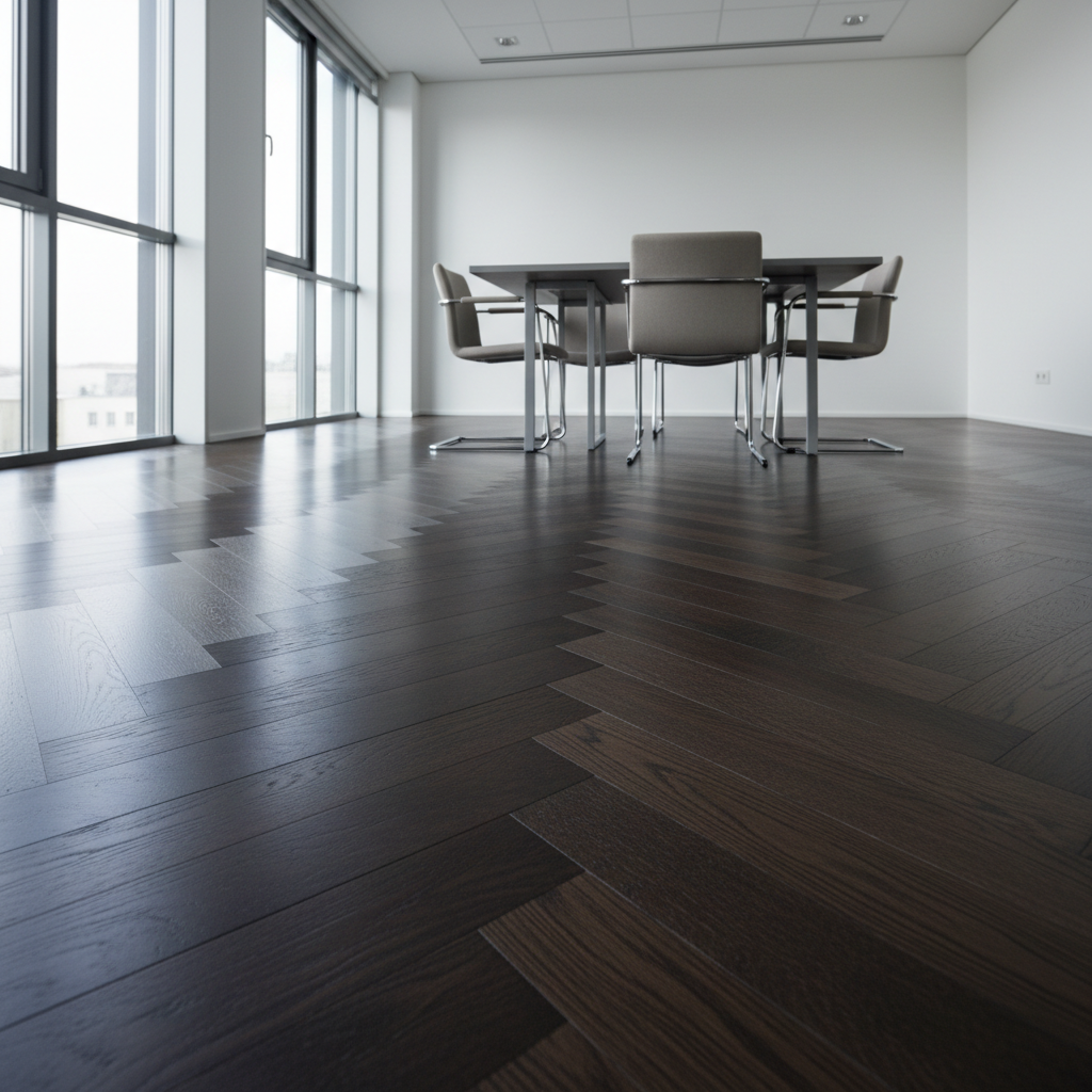 A refined office meeting area with a flawlessly installed dark oak parquet floor in a sophisticated chevron pattern, perfectly complementing minimalist white walls and sleek, neutral-toned furniture silhouettes. The parquet’s deep brown hues and subtle satin sheen reflect the cool, indirect daylight entering through tall windows, enhanced by discreet recessed ceiling lights that create soft, controlled highlights on the wood surface. The camera captures the scene from a low, diagonal angle, using the angled planks as leading lines toward the far corner, ensuring sharp focus across the frame. The atmosphere is corporate, structured, and trustworthy, with photographic realism and a clean, professional aesthetic that underscores premium parquet solutions for business and office environments.