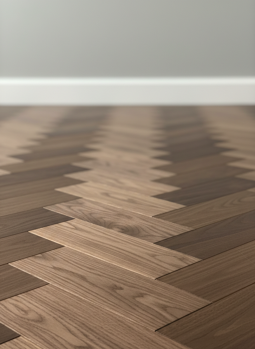 A detailed close-up of a high-quality herringbone parquet floor in medium walnut tones, installed to perfection in a contemporary interior. The camera focuses on the precise junctions of the planks, revealing crisp beveled edges, subtle texture, and the natural variation of the wood grain. Soft, diffused studio lighting from the side highlights the craftsmanship, casting delicate shadows that emphasize the geometric pattern without harsh contrasts. The background gently fades into blur, showing only hints of neutral walls and minimalist skirting boards, maintaining a structured, uncluttered look. Captured with shallow depth of field and a rule-of-thirds composition, the image conveys technical excellence, attention to detail, and a polished, professional mood aligned with a high-end parquet installation service.