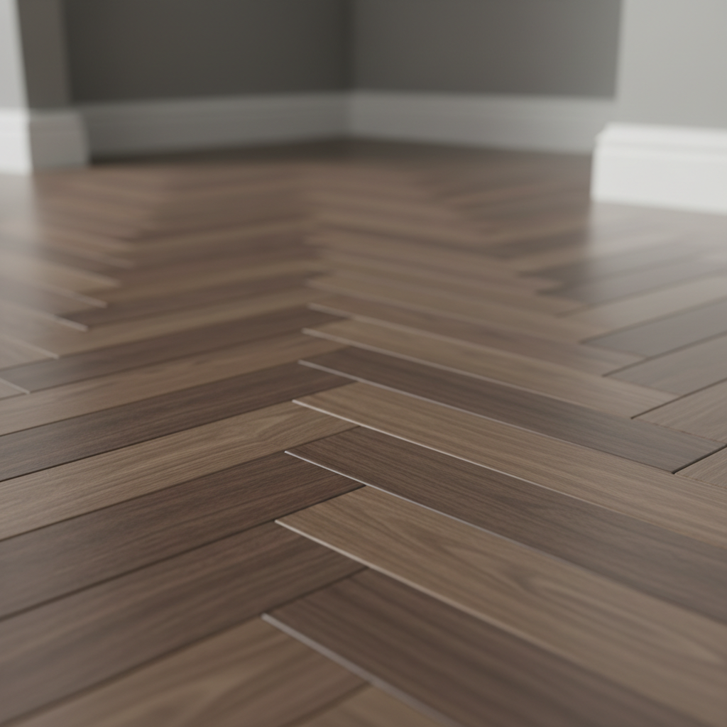 A detailed close-up of a high-quality herringbone parquet floor in medium walnut tones, installed to perfection in a contemporary interior. The camera focuses on the precise junctions of the planks, revealing crisp beveled edges, subtle texture, and the natural variation of the wood grain. Soft, diffused studio lighting from the side highlights the craftsmanship, casting delicate shadows that emphasize the geometric pattern without harsh contrasts. The background gently fades into blur, showing only hints of neutral walls and minimalist skirting boards, maintaining a structured, uncluttered look. Captured with shallow depth of field and a rule-of-thirds composition, the image conveys technical excellence, attention to detail, and a polished, professional mood aligned with a high-end parquet installation service.