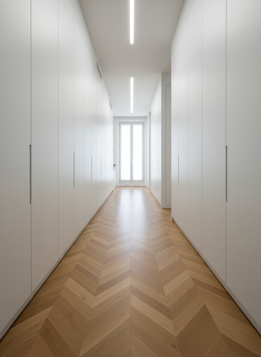 An elegant corridor in a modern Valencia apartment showcasing a continuous, seamless parquet installation in a warm, natural oak tone. The long, narrow hallway is lined with smooth white walls and discreet, built-in storage, drawing the eye forward along the perfectly aligned planks. Overhead, recessed ceiling lights provide soft, even illumination, while subtle daylight filters in from a distant room, adding depth. The photographic composition uses leading lines and a centered perspective to emphasize the precision of the installation and the uniformity of the surface. The atmosphere is orderly and refined, with clean lines, neutral colors, and a calm, corporate aesthetic that communicates reliability and professionalism in parquet flooring solutions.