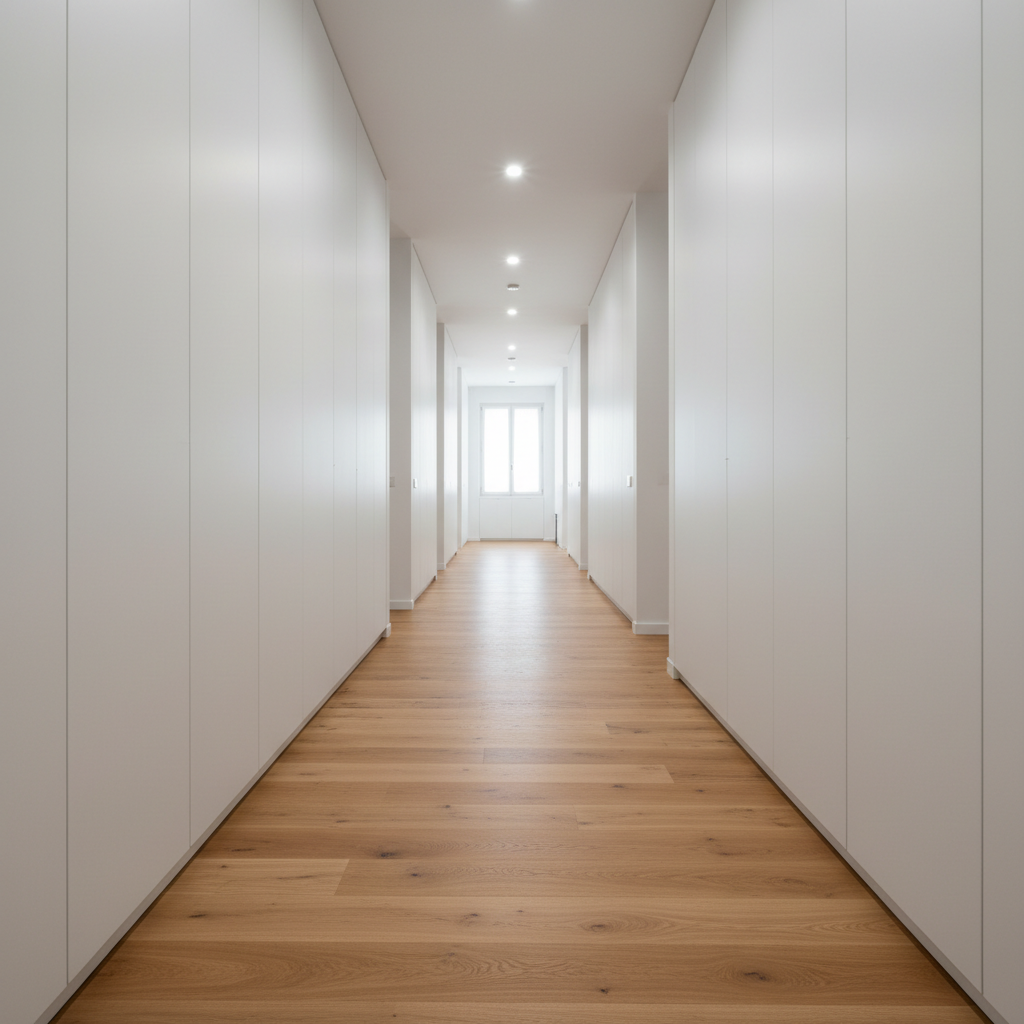 An elegant corridor in a modern Valencia apartment showcasing a continuous, seamless parquet installation in a warm, natural oak tone. The long, narrow hallway is lined with smooth white walls and discreet, built-in storage, drawing the eye forward along the perfectly aligned planks. Overhead, recessed ceiling lights provide soft, even illumination, while subtle daylight filters in from a distant room, adding depth. The photographic composition uses leading lines and a centered perspective to emphasize the precision of the installation and the uniformity of the surface. The atmosphere is orderly and refined, with clean lines, neutral colors, and a calm, corporate aesthetic that communicates reliability and professionalism in parquet flooring solutions.