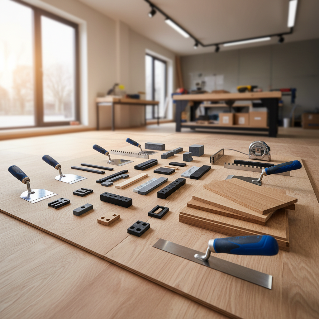 A tidy workshop setting featuring an array of professional parquet installation tools neatly arranged on a smooth, unfinished wooden subfloor. High-quality trowels, spacers, a precision measuring tape, and a stack of engineered parquet planks in various neutral wood tones are carefully positioned to suggest methodical preparation. Natural light from a nearby window combines with cool, overhead workshop lighting to create balanced, even illumination, highlighting the textures of metal, wood, and rubber handles. Shot from an eye-level angle with sharp focus and a structured, balanced composition, the image exudes competence, organization, and technical expertise. The photographic realism and clean, modern aesthetic support the message of a professional parquet installer ready to deliver precise, tailored solutions.