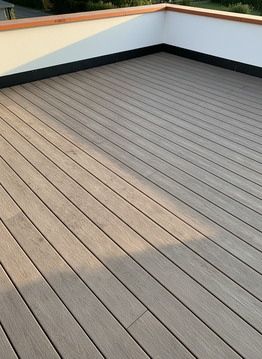 An exterior terrace clad in weathered-look composite decking in a warm gray-brown tone, boards aligned in a flawless parallel pattern with perfectly even gaps. Sleek black aluminum perimeter profiles and a low, white rendered wall frame the deck, with a thin orange #F28C28 line painted on the wall edge as a subtle branding accent. Late afternoon sunlight grazes the surface at a low angle, emphasizing the texture and water-resistant grain of the boards while casting long, clean shadows. Photographic realism, captured from a slightly elevated corner perspective to show both length and width of the installation. The mood is robust, contemporary and low-maintenance, highlighting expert exterior work.