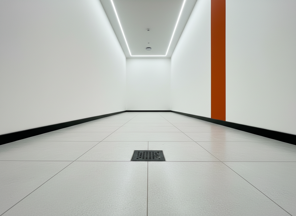 A pristine hallway with SPC flooring in a light concrete-look finish, installed wall-to-wall with flawless joints and precise cuts around a minimalist black metal floor drain. The walls are bright white, with a slim matte black skirting and a single vertical orange #F28C28 accent stripe running from floor to ceiling, echoing the brand palette. Even, cool-white overhead lighting yields a clean, clinical clarity, with minimal shadows and subtle reflections on the semi-matte surface. Photographic realism, shot from a low central perspective looking down the corridor to emphasize alignment and dimensional stability. The mood is technical, hygienic and contemporary, stressing performance and accuracy in synthetic flooring solutions.