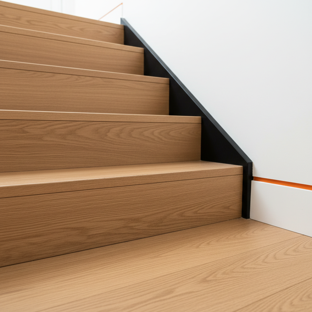 A close-up, photographic view of perfectly aligned natural oak floorboards transitioning seamlessly into a custom-clad staircase, each stair riser and tread finished in the same wood. The edges are sharp and flawless, with precision cuts around a slim black metal stringer. The surrounding walls are pure white, and a subtle orange #F28C28 accent strip runs along the side skirting. Soft studio lighting from the left creates crisp but refined shadows that highlight the accuracy of joints and grain continuity. Captured at an eye-level oblique angle, with shallow depth of field focusing on the stair nose detail. The atmosphere is technical yet refined, conveying craftsmanship, quality, and modern minimalism.