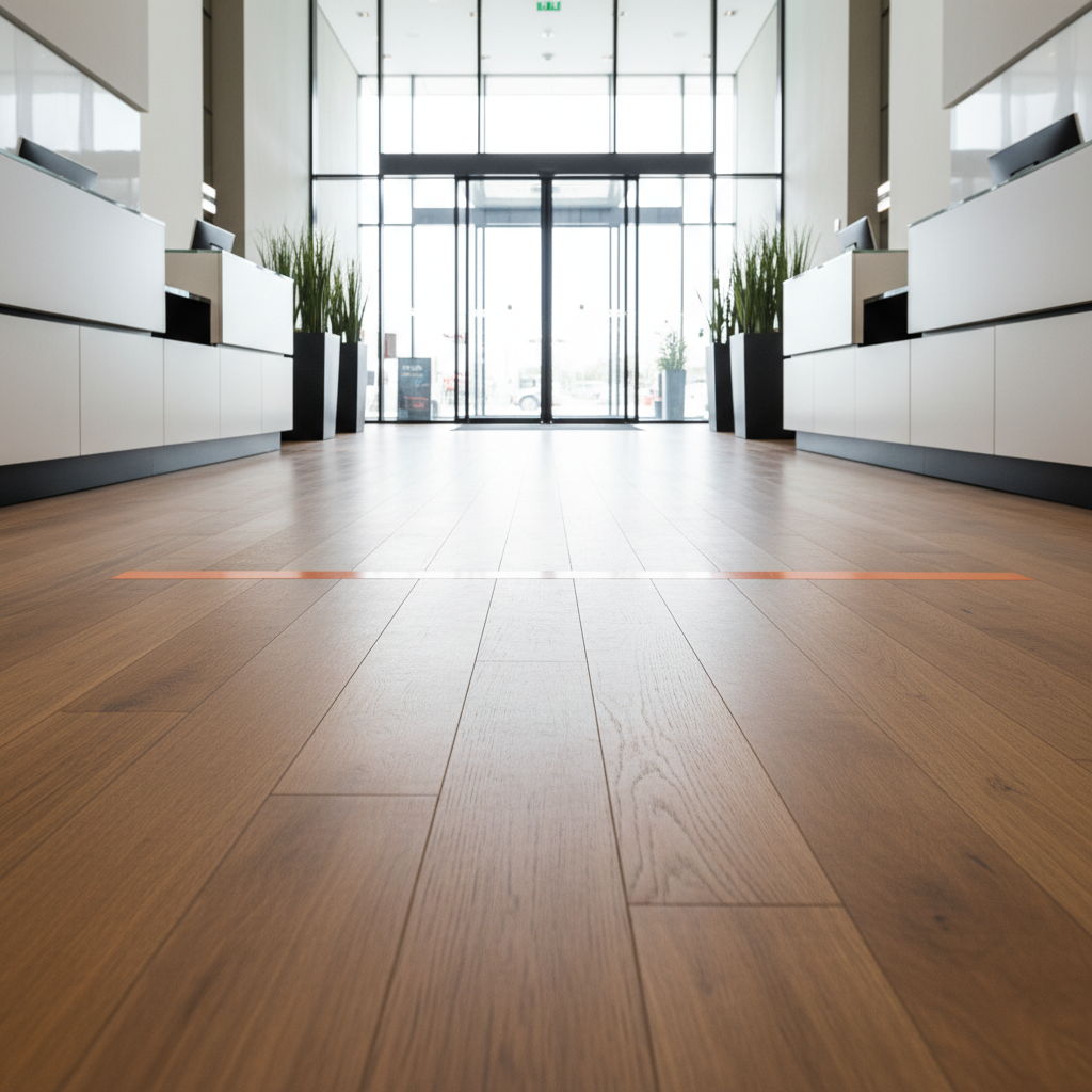 A high-end commercial lobby interior featuring wide-plank engineered wood flooring in a warm smoked tone, laid in a clean, linear pattern stretching toward a distant glass entrance. Sleek black metal planters and minimalist white reception cabinetry float above the floor, with an orange #F28C28 wayfinding stripe subtly inlaid into the wood surface. Bright, diffused daylight filters through full-height glass, creating soft reflections across the low-sheen finish. The camera is positioned at a low, wide-angle perspective to emphasize depth and continuity of the floor. Photographic realism with a clean, architectural aesthetic, communicating durability, professionalism, and suitability for intensive commercial use.