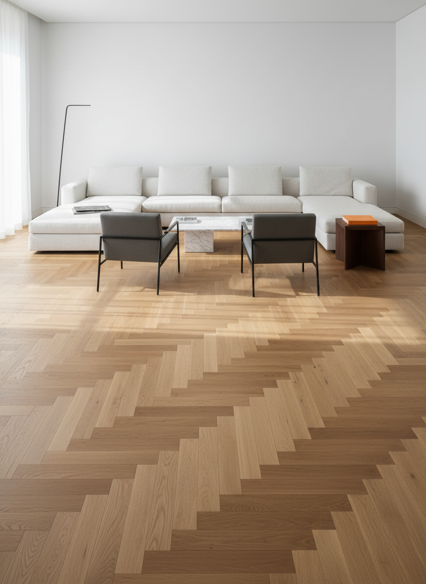 A luxurious living room showcasing an expansive oak parquet floor in herringbone pattern, each plank with a matte, natural finish and subtly beveled edges. Minimalist furniture in white and charcoal floats above the surface, leaving much of the floor visible. The walls are crisp white, with a slim black metal floor lamp and a small accent table bearing a single orange art book that picks up the #F28C28 accent. Soft afternoon daylight enters from large unseen windows, casting long, gentle shadows that emphasize the wood grain. Photographic realism, shot from a slightly elevated wide angle, with sharp focus throughout. The mood is precise, elegant and professional, reflecting high-end interior design and expert installation.
