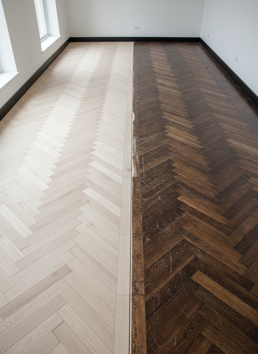 A detailed restoration scene of an antique herringbone wood floor, half of it freshly sanded and half still aged and patinated, meeting in a perfectly straight line across the frame. The sanded section is pale and raw with visible grain; the untreated side is darker, with old varnish and wear marks. The room is empty, with white walls and simple black baseboards. Soft, diffused daylight from tall side windows illuminates both halves evenly, revealing the transformation and precision of the process. Photographic realism, shot directly from above at a high angle to emphasize contrast and alignment. The atmosphere is meticulous and respectful, conveying expertise in rehabilitation of historic pavements.