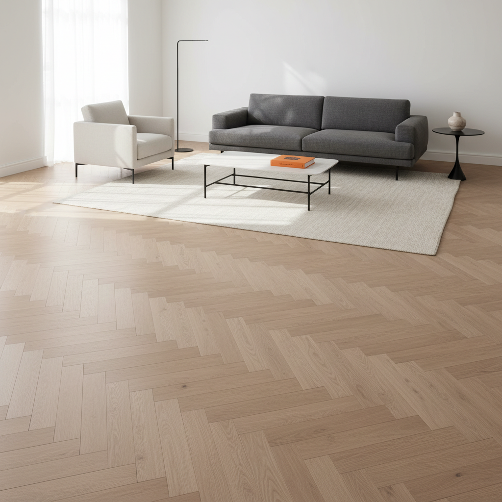 A luxurious living room showcasing an expansive oak parquet floor in herringbone pattern, each plank with a matte, natural finish and subtly beveled edges. Minimalist furniture in white and charcoal floats above the surface, leaving much of the floor visible. The walls are crisp white, with a slim black metal floor lamp and a small accent table bearing a single orange art book that picks up the #F28C28 accent. Soft afternoon daylight enters from large unseen windows, casting long, gentle shadows that emphasize the wood grain. Photographic realism, shot from a slightly elevated wide angle, with sharp focus throughout. The mood is precise, elegant and professional, reflecting high-end interior design and expert installation.