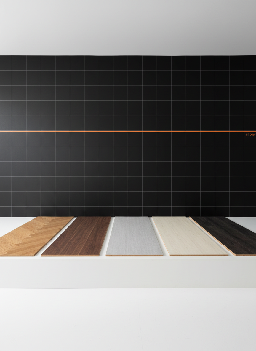 A modern interior sample studio with multiple flooring types displayed in an orderly, minimalist layout: classic oak parquet panels, rich walnut planks, SPC and PVC boards, and a dark-toned laminate, all arranged on a pristine white platform. Behind them, a matte black wall features subtle white grid lines, like an architectural drawing, with a single thin orange #F28C28 line accent. Neutral, soft overhead studio lighting produces minimal shadows and precise color rendition of each material. Shot from a slightly elevated frontal angle, with sharp focus and generous negative space. The overall mood is analytical and professional, evoking a design lab where parquet and flooring solutions are compared with technical rigor.